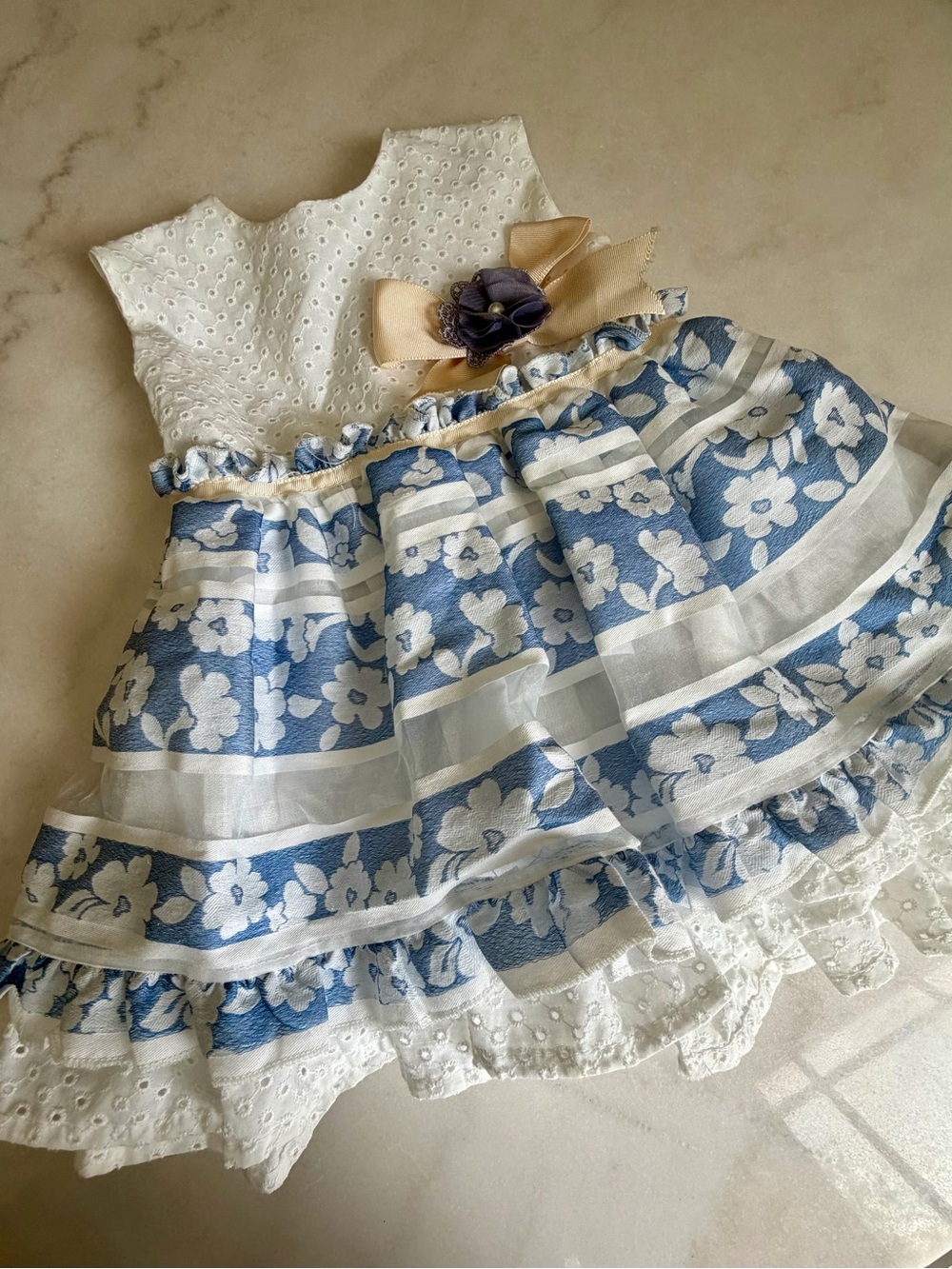 Spanish dress-Girls Blue & White Floral Eyelet Dress with Bow